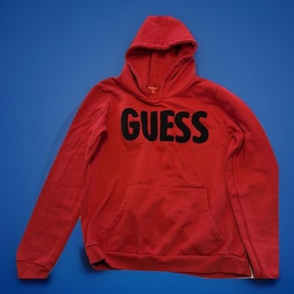 Guess Logo Hoodie Sweatshirt Red Kangaroo Pocket Sz 16 Teens Chenille Guess Logo